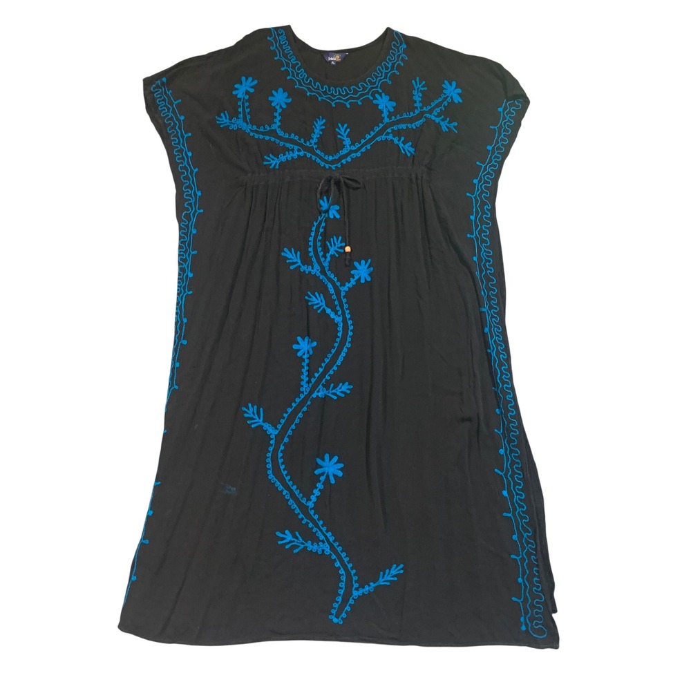 Riviera Sun Womens XL Black Blue Embroidered Floral Kaftan Max Dress Cover Up